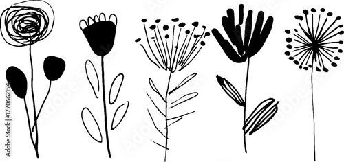 Minimalist black and white flower doodles for creative design templates