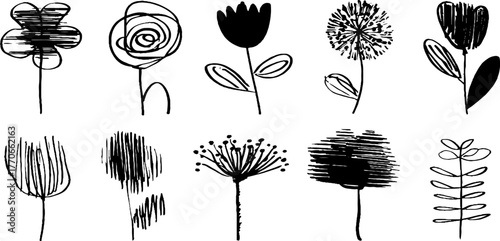 Minimalist black and white abstract flower doodles for artistic design