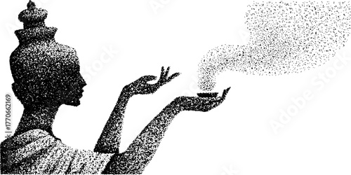 Ancient goddess statue in black and white dotwork style for vintage design