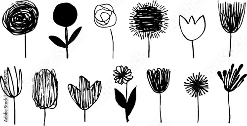 Minimalist abstract black and white flower doodles for decorative design