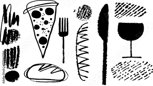 Minimalist abstract doodles of food and dining elements for creative design