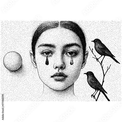 Surreal Woman Portrait Engraving, Stipple Illustration with Birds and Moon, Emotional Black and White Fine Art Isolated on Transparent Background