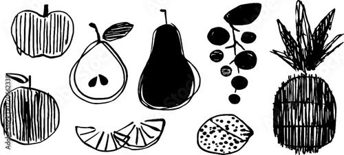 Minimalist abstract black and white fruit doodles for creative design and art projects