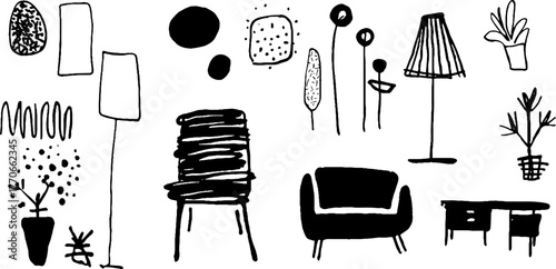 Minimalist black and white furniture doodles for interior design concepts