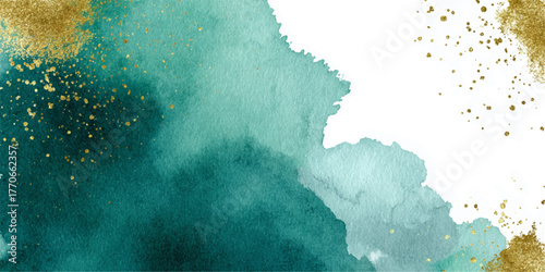 Abstract watercolor splash and stain texture with gold and teal green colors