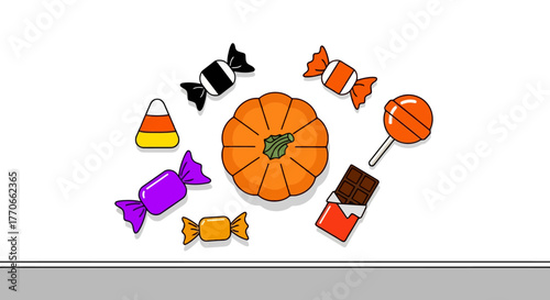 Festive Halloween Candy and Pumpkin Illustration for Seasonal Greetings, Party Invitations, and Children's Educational Materials on Adobe Stock