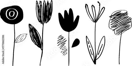 Minimalist abstract black and white doodles of garden flowers for creative design