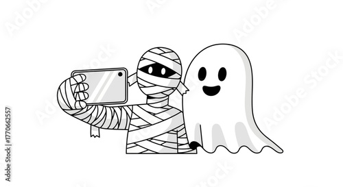 Whimsical Halloween vector illustration featuring a mummy taking a selfie with a friendly ghost, ideal for holiday-themed social media posts, greeting cards, or party invitations.