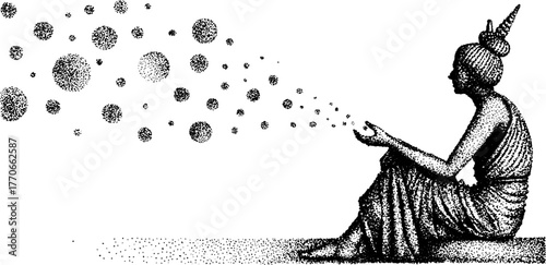 Ancient goddess statue in dotwork style — black and white illustration for vintage design