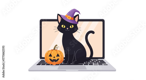Digital Halloween Illustration with a Black Cat Wearing a Witch Hat and a Pumpkin on a Laptop, perfect for holiday e-cards, social media posts, and festive website decorations
