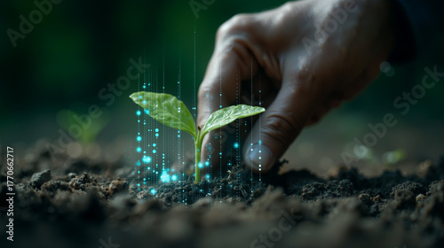 Planting green seedling with digital data overlay in garden during daytime