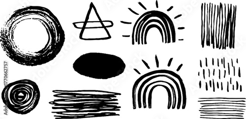 Minimalist abstract black and white geometric doodles set for design