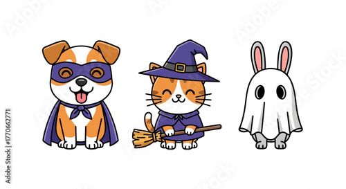 Cute Halloween Animal Cartoon Characters Set for Festive Designs, Holiday Invitations, and Children's Illustration Projects to celebrate seasonal events