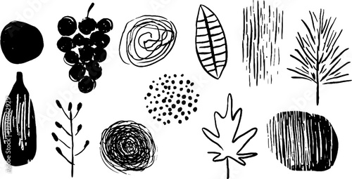 Minimalist abstract black and white doodles featuring grapes and leaf sketches for creative design