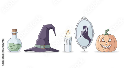 Halloween Vector Illustration Featuring a Witch's Hat, Potion, Ghost in Mirror, Candle and Pumpkin, Ideal for Holiday-Themed Designs