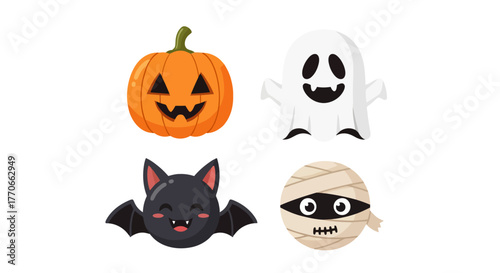 Cute Halloween Icons Featuring Pumpkin, Ghost, Bat and Mummy for Seasonal Designs, Greeting Cards, Invitations, and Party Decorations, and Educational Resources
