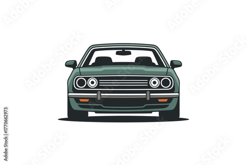 A vintage green car is depicted from a frontal view with a clean background.
