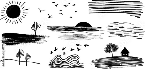 Minimalist black and white abstract doodles with nature scenes for creative design