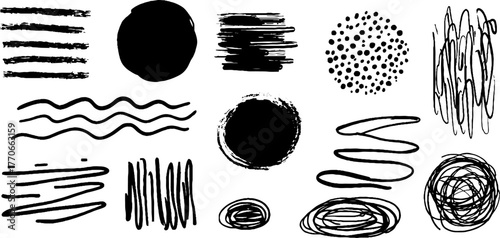 Minimalist abstract doodles set with black and white graphic elements for creative design