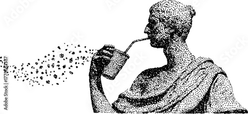 Ancient philosopher statue with modern twist in black and white half-tone design