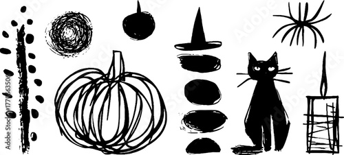 Minimalist black and white halloween doodles collection