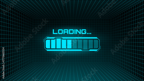 Digital loading bar with partial progress in a futuristic grid background. Technology concept for data transfer or application loading.