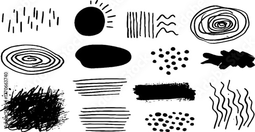 Minimalist abstract black and white ink blots and doodles collection for creative design