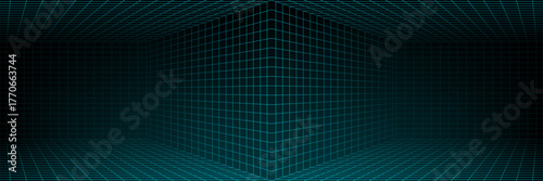 Futuristic grid lines forming a dimensional cube shape on a dark background. Digital technology and virtual reality concept.