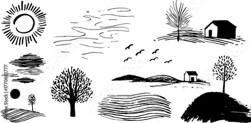 Minimalist abstract black and white doodles of landscapes for artistic design