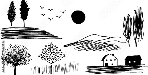 Minimalist abstract black and white landscape doodles for design