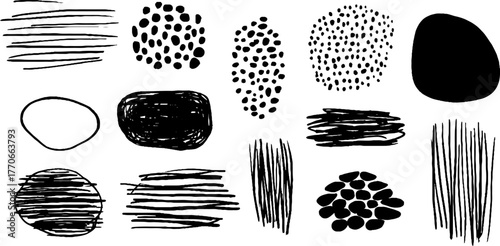 Minimalist abstract black and white ink doodles set for modern design projects