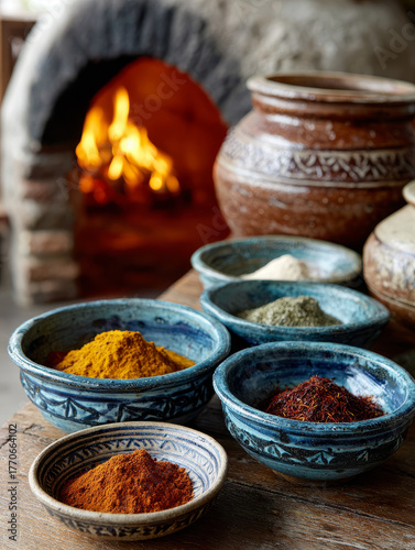 Fototapeta Naklejka Na Ścianę i Meble -  Various spices in bowls by a rustic fireplace