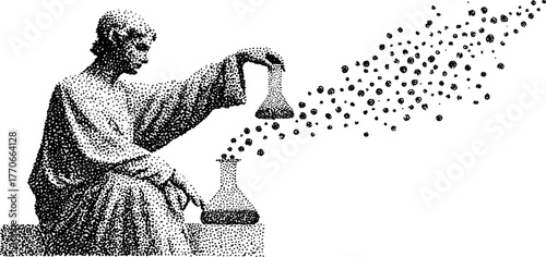 Ancient statue holding beaker in black and white dotwork style for artistic design