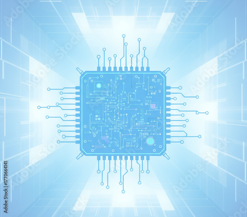 Advanced cyber technology concept with a glowing blue microprocessor chip and intricate circuit board connections on a digital background