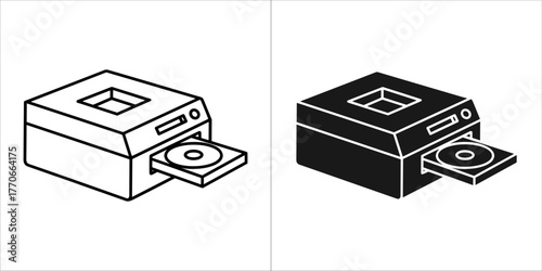 Two isometric icons of a cd player, one outlined and one solid black