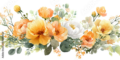 orange roses and greenery floral arrangement soft pastel watercolor style for elegant designs
