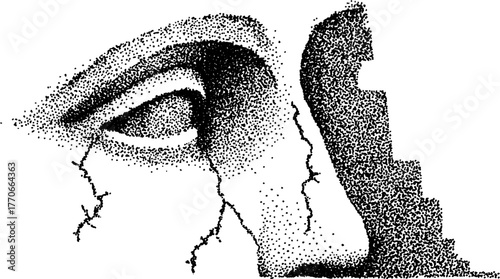 Dotwork illustration of an ancient statue with cracked texture for vintage design