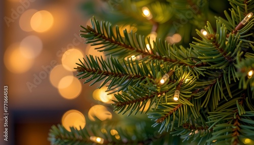 A close up of lush pine or fir branches adorned with shimmering fairy lights, set against a softly blurred, warm toned background with gentle bokeh effects, captured in a vibrant