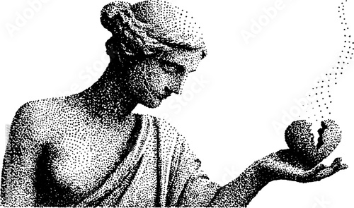 Ancient statue holding heart symbol black and white illustration for classic design