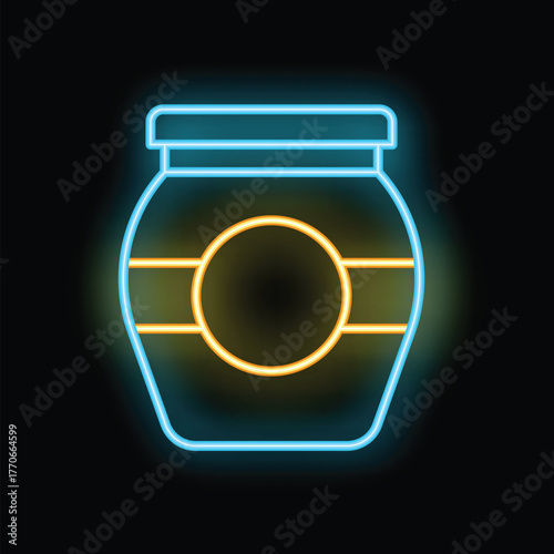 Blue and yellow neon sign of closed jar with blank label on black background