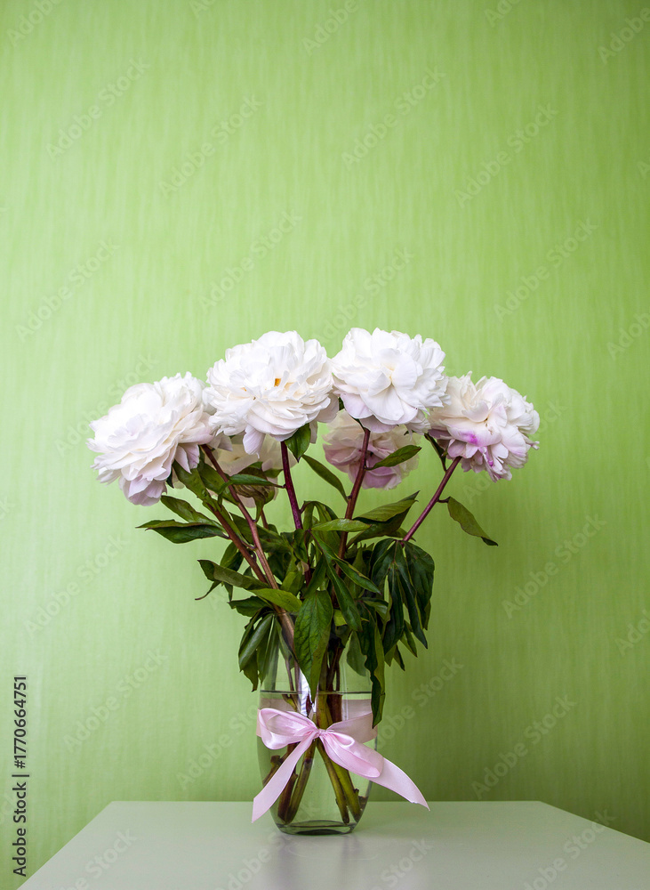 custom made wallpaper toronto digitalSoft white peonies with gentle petals on a green background. A serene and romantic still life.