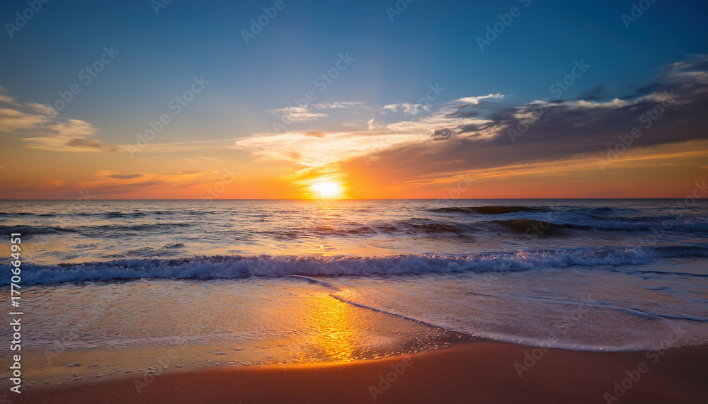 Fototapeta premium Beautiful sunset over the ocean with colorful reflections on the water and waves gently reaching the sandy shore.