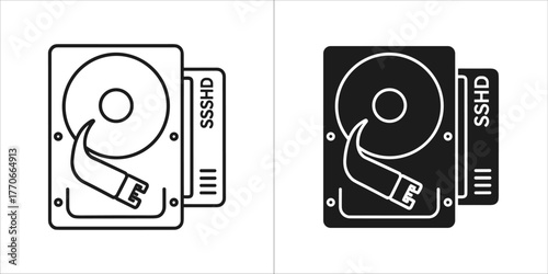 Hybrid storage drive sshd icon in outline and solid black versions
