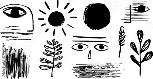Minimalist abstract black and white doodles set featuring natural elements and geometric shapes for creative design