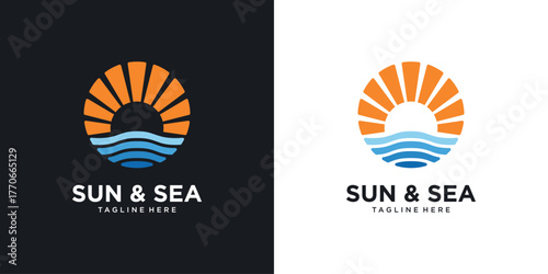 Sun and sea logo design, sunlight with sea waves