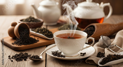 Steaming Cup of Black Tea with Dried Leaves and Teapots, Rustic Wooden Table Setting