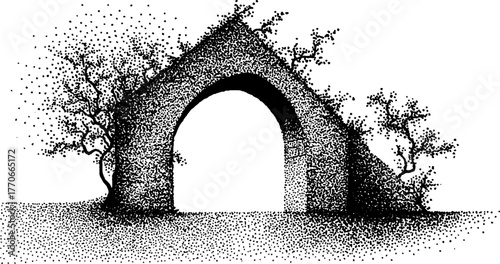 Ancient stone archway cove in black and white dotwork illustration for vintage design