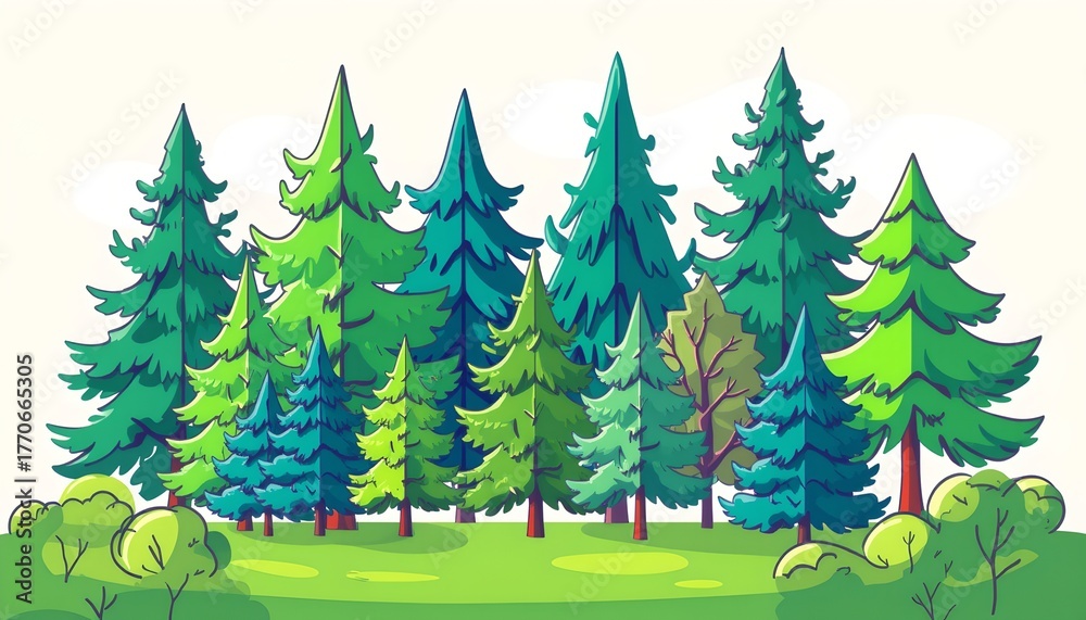 Obraz premium A vibrant digital illustration showcasing a diverse collection of evergreen conifers, featuring a variety of species with different shapes and foliage textures