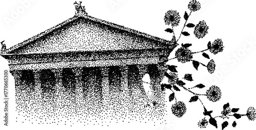 Ancient temple façade with floral decorations in stipple design - black and white art for vintage appeal