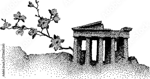 Ancient temple façade with floral ornament in black and white dotwork design